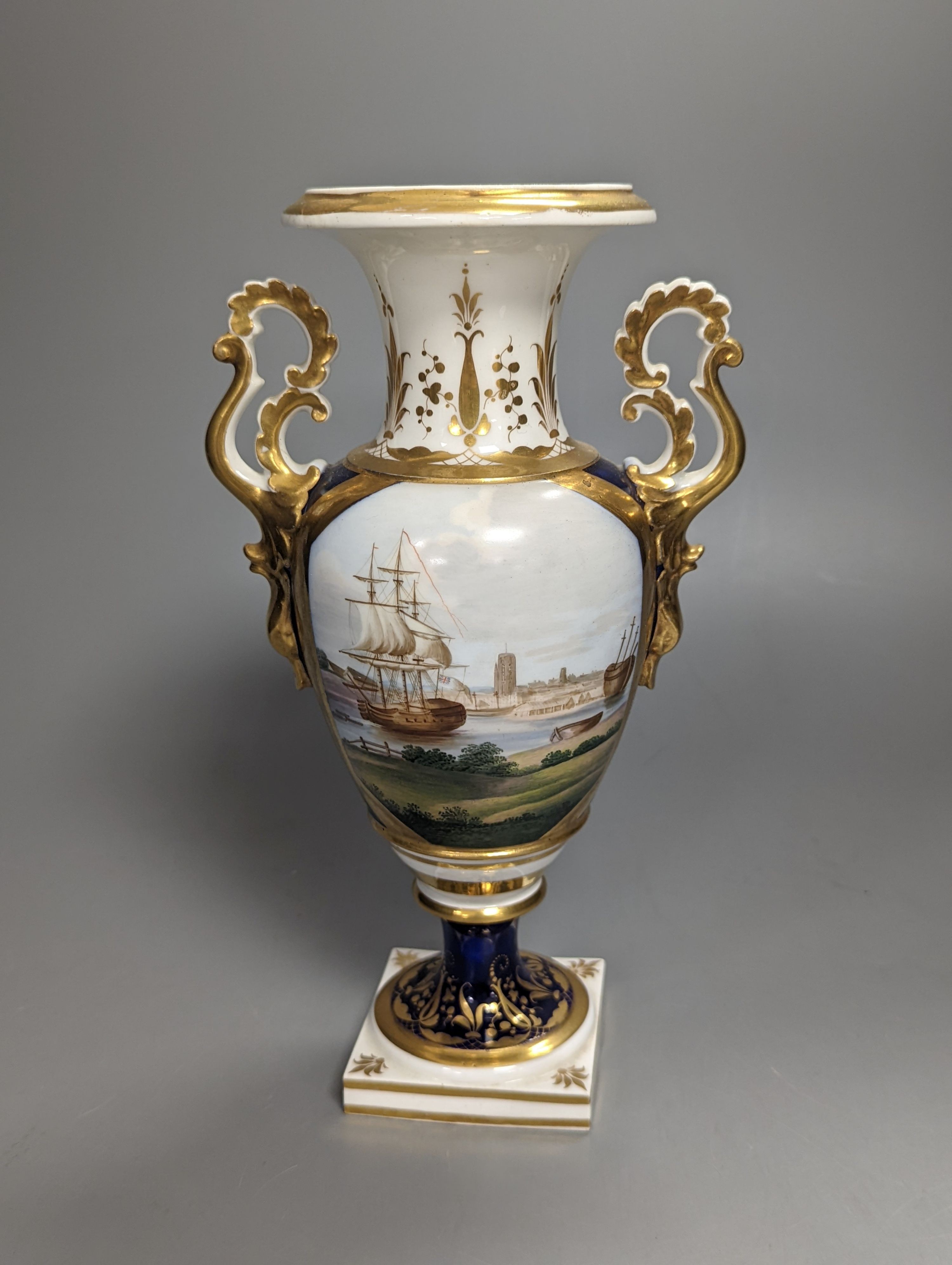 A Grainger Lee & Co. vase, painted with a view of Bristol Harbour and a sailing ship, c.1814-39, titled Bristol and Grainer in red script, height 23cm